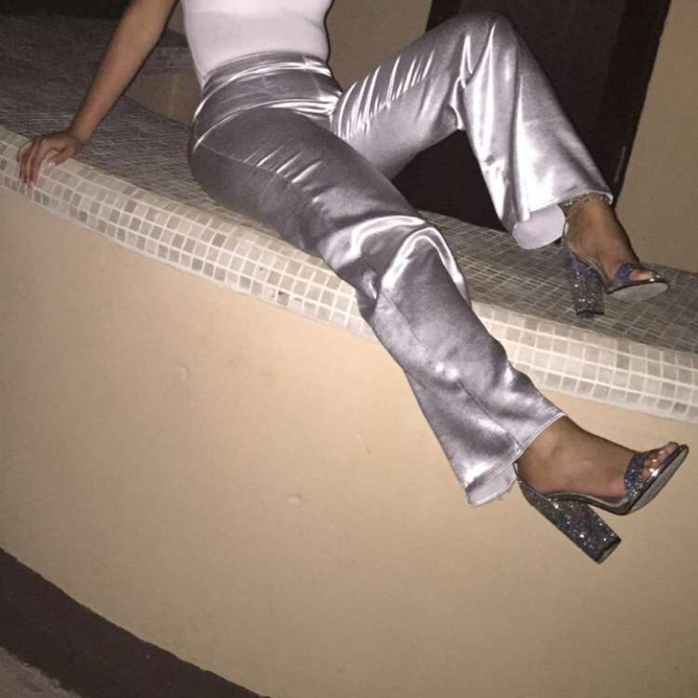Silver satin high waisted  wide leg pants